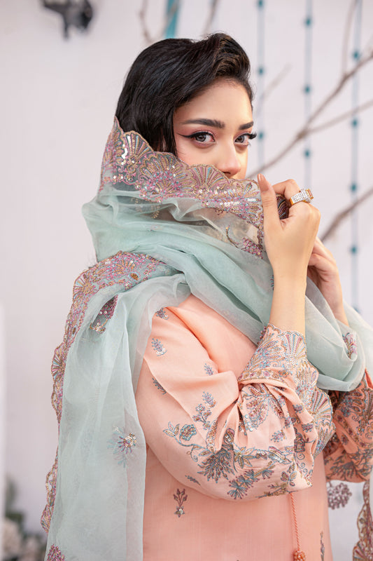 Rose Quartz Embellished Raw Silk 3PC Suit with Organza Dupatta