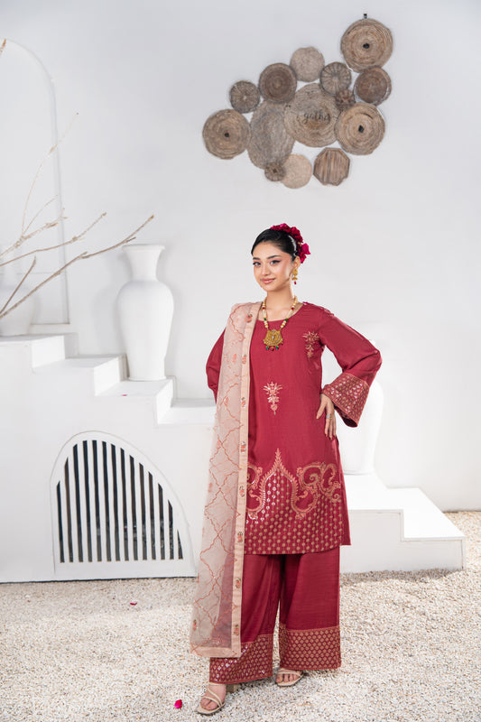 Ruby Embellished Raw Silk 3PC Suit with Organza Dupatta
