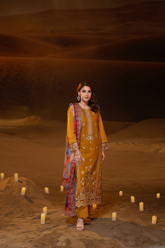 Sahara Embroidered Lawn with Silk Punjabi Art Dupatta 3PC Stitched Suit