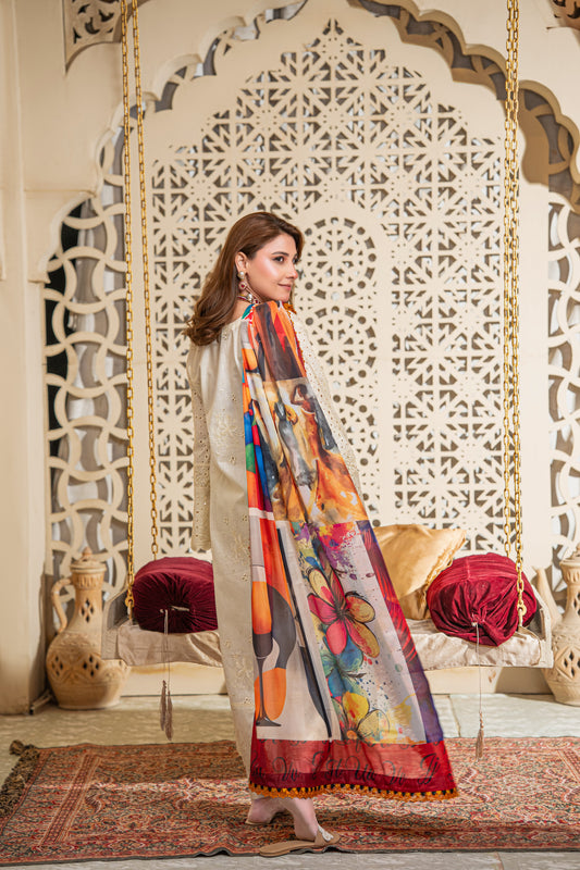 Sol Schiffli Embroidered Lawn with Silk Printed Dupatta 3PC Stitched Suit