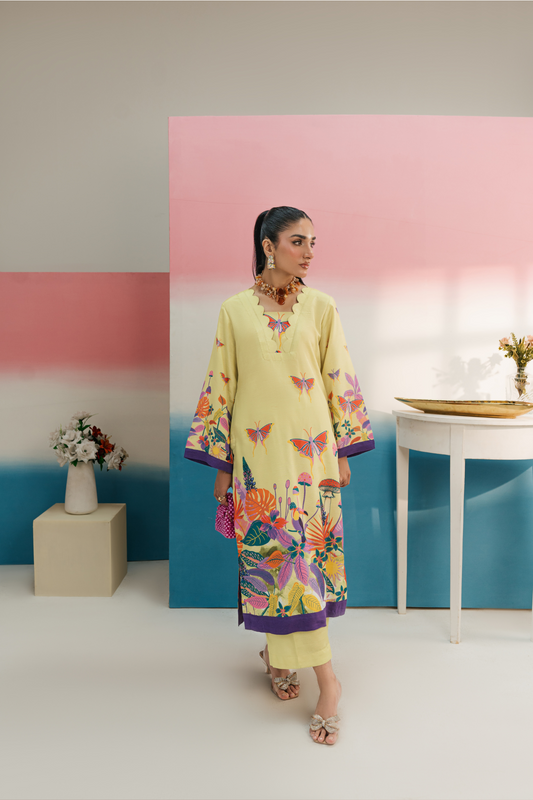 Butterfly Bloom Embroidered Lawn 2PC Suit with Pastel Trousers