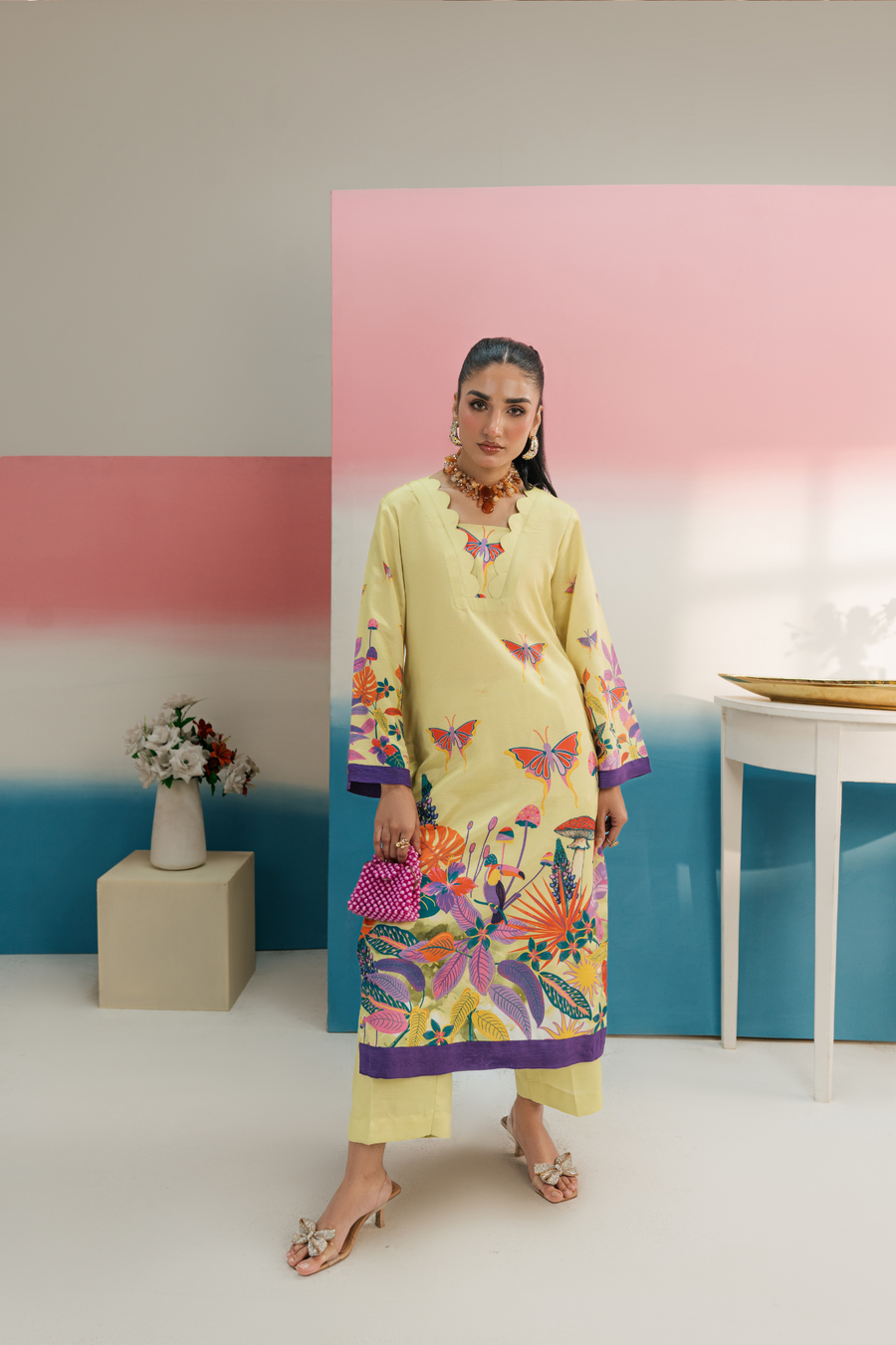 Butterfly Bloom Embroidered Lawn 2PC Suit with Pastel Trousers