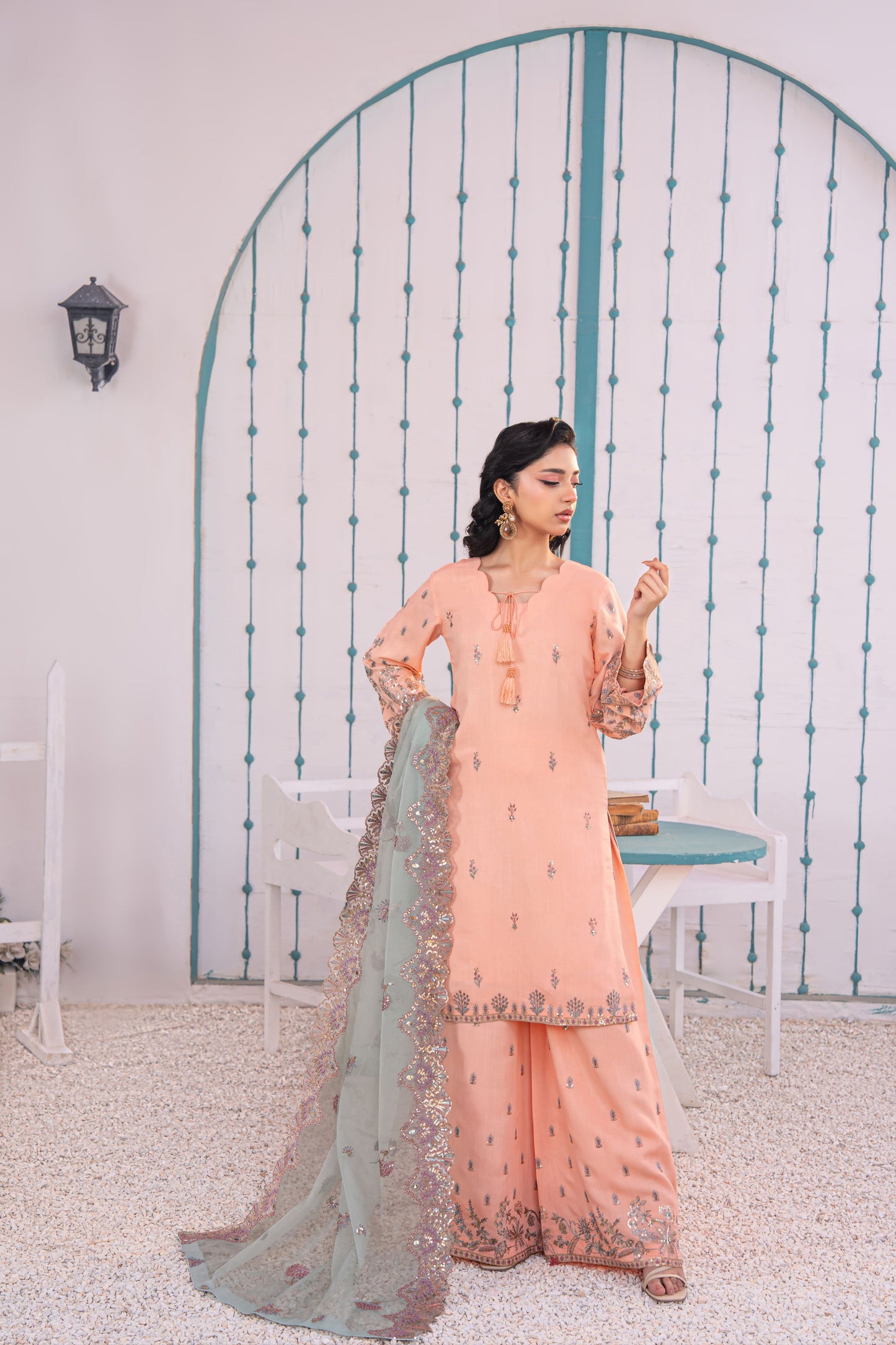 Rose Quartz Embellished Raw Silk 3PC Suit with Organza Dupatta