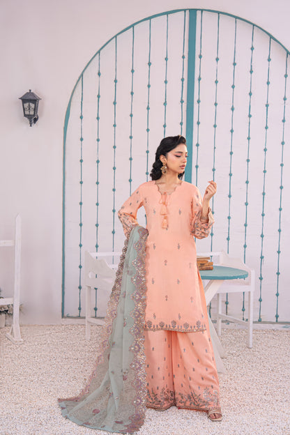 Rose Quartz Embellished Raw Silk 3PC Suit with Organza Dupatta