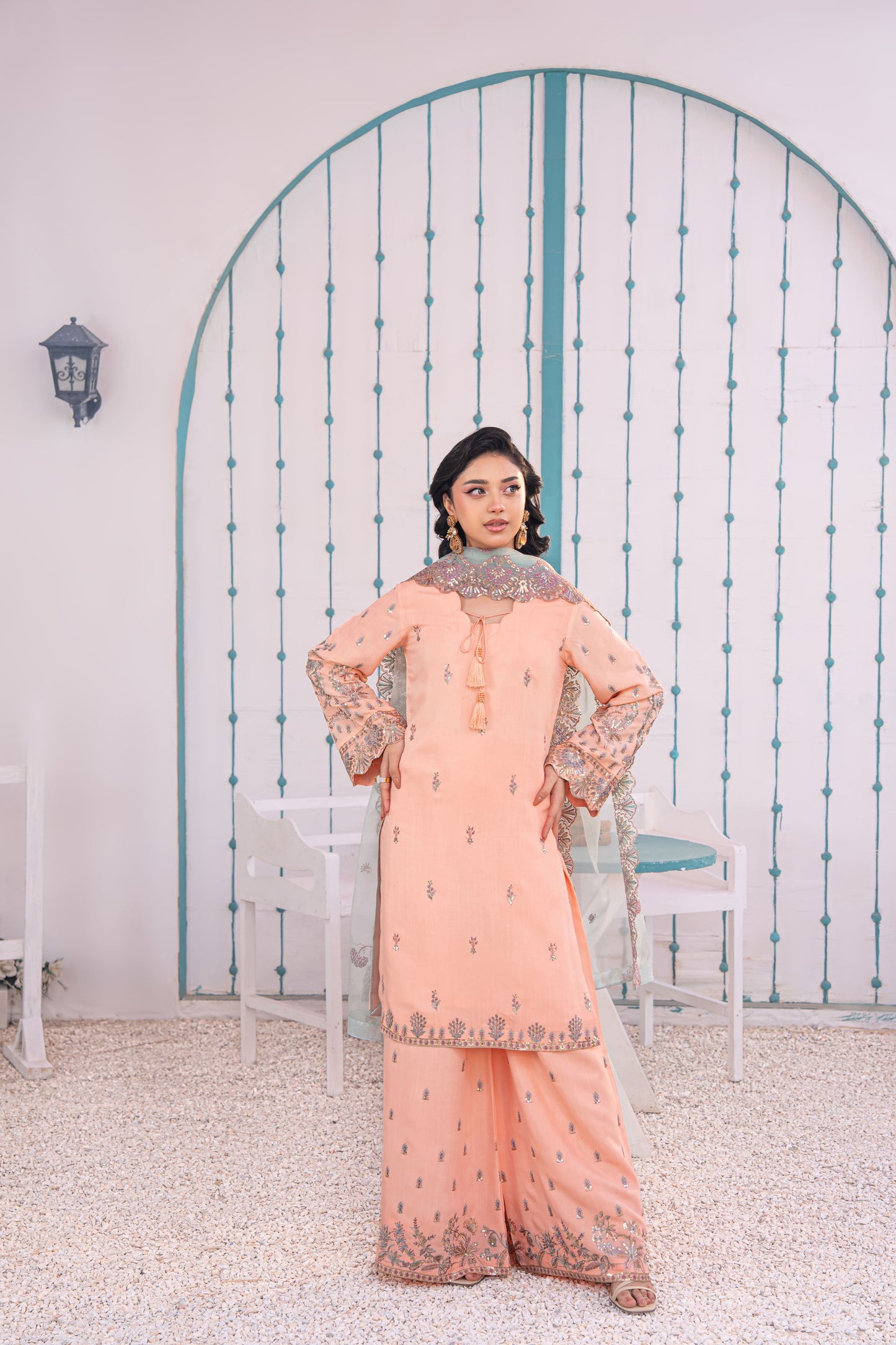 Rose Quartz Embellished Raw Silk 3PC Suit with Organza Dupatta