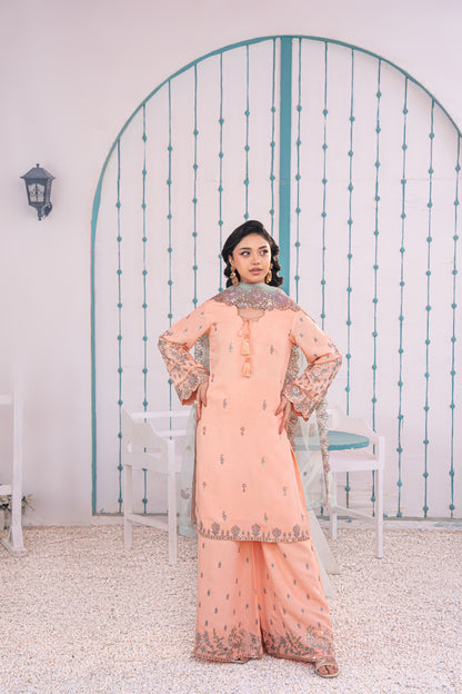 Rose Quartz Embellished Raw Silk 3PC Suit with Organza Dupatta