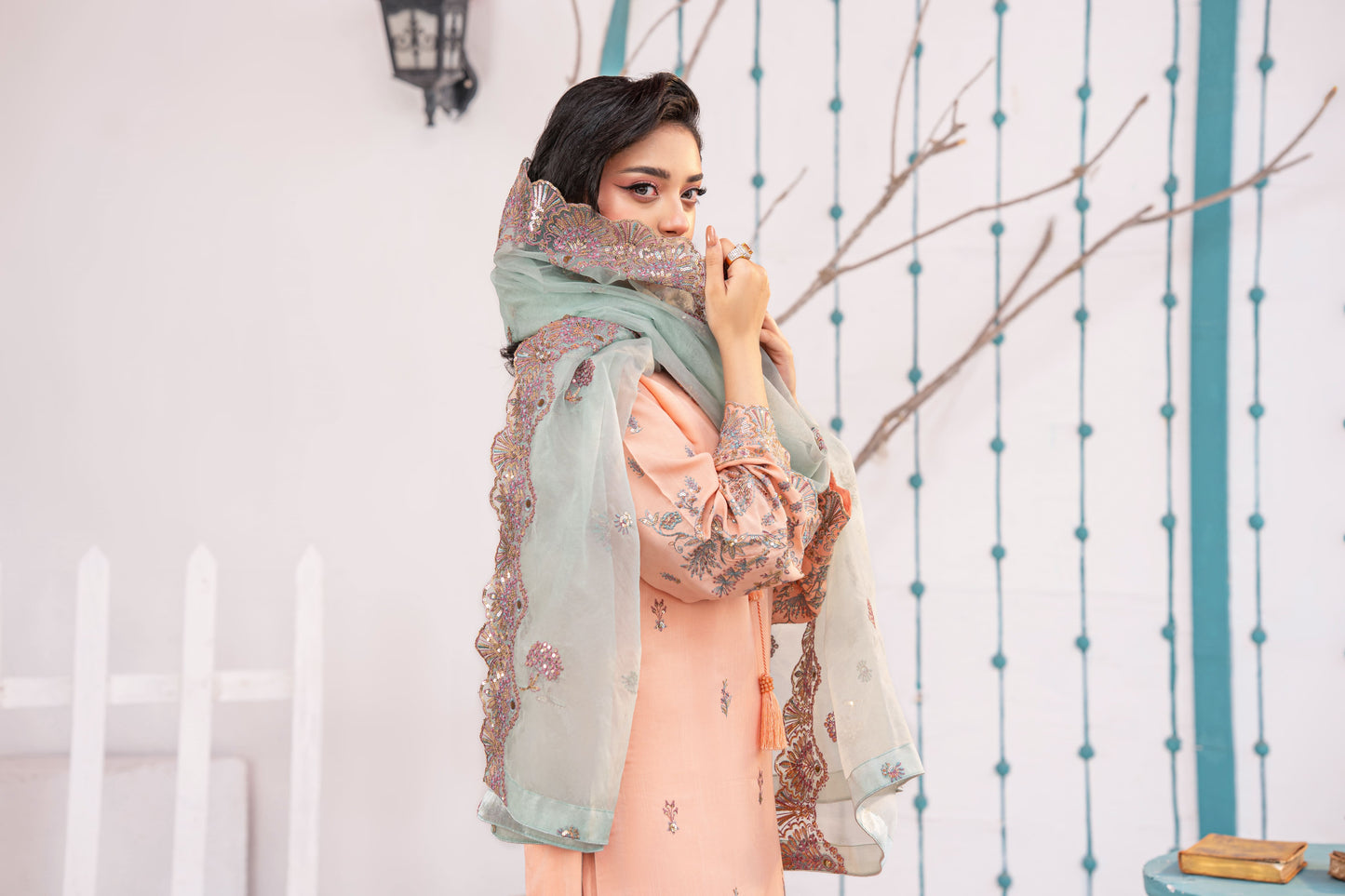 Rose Quartz Embellished Raw Silk 3PC Suit with Organza Dupatta