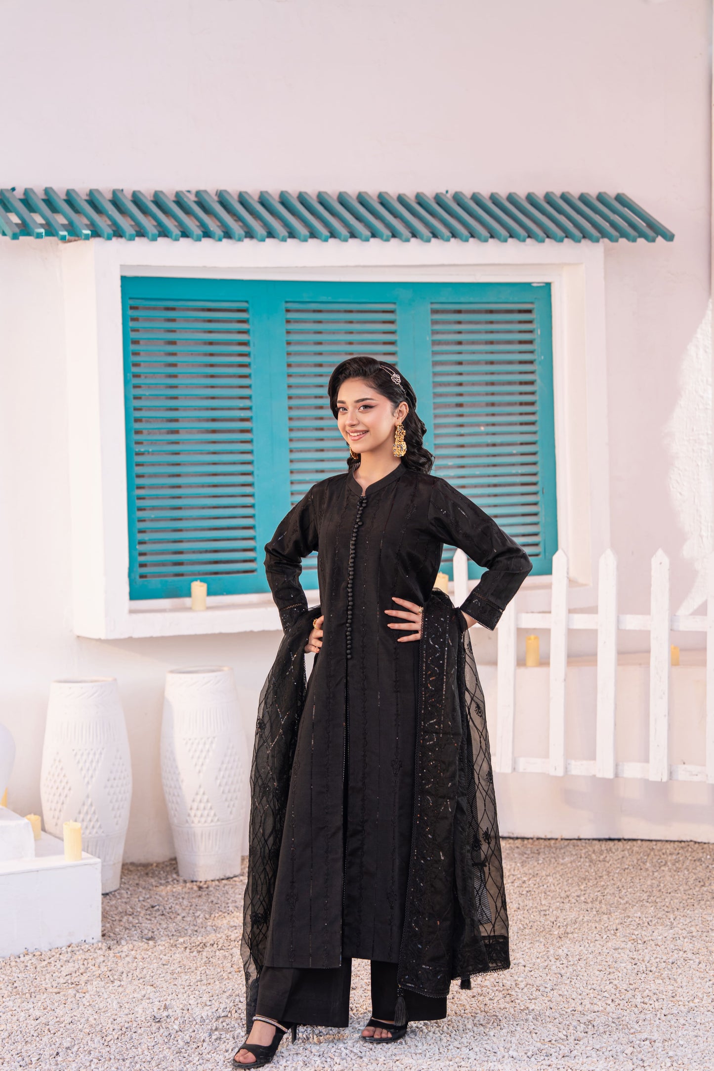 Onyx Embellished Raw Silk 3PC Suit with Organza Dupatta