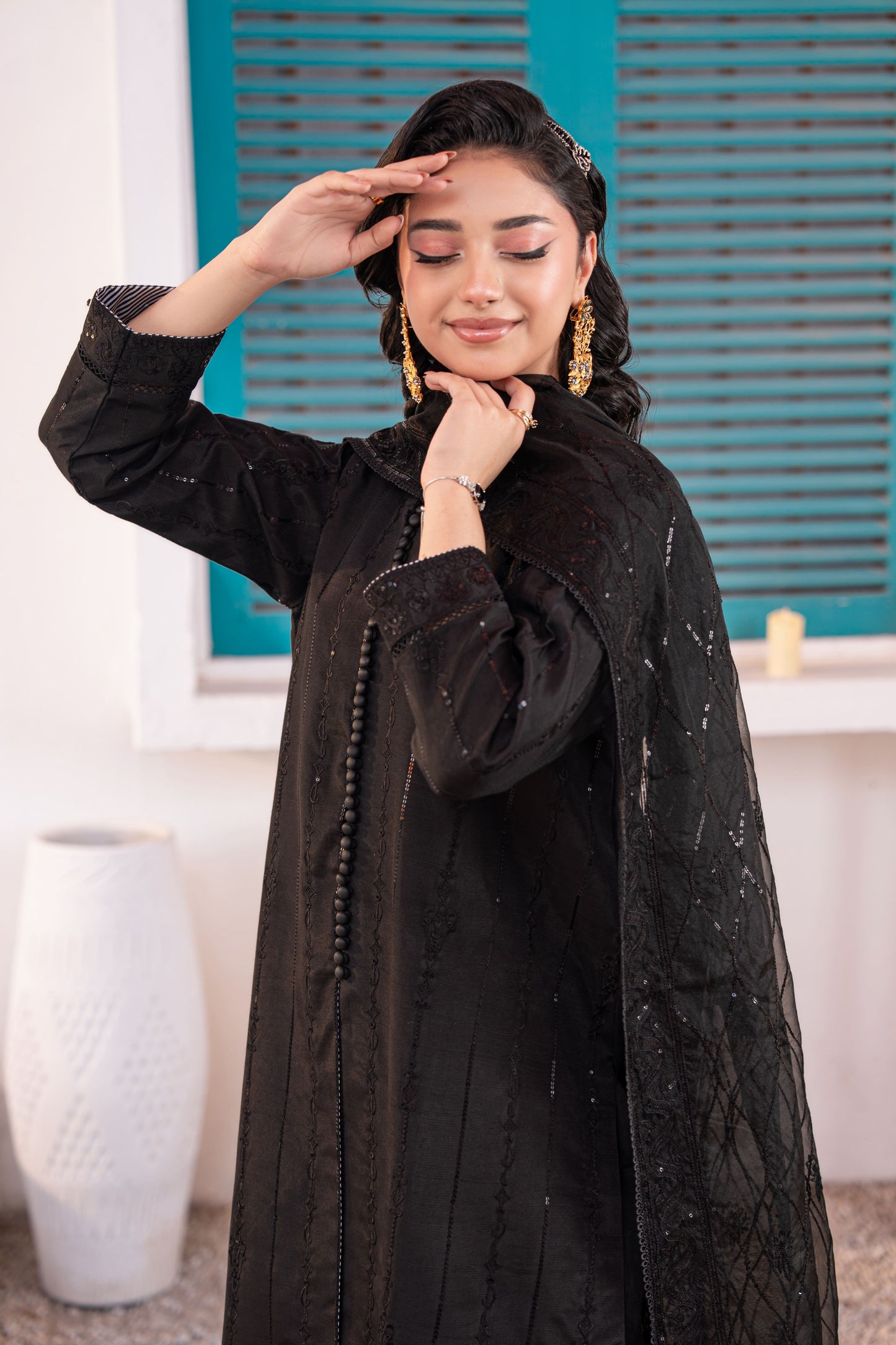 Onyx Embellished Raw Silk 3PC Suit with Organza Dupatta