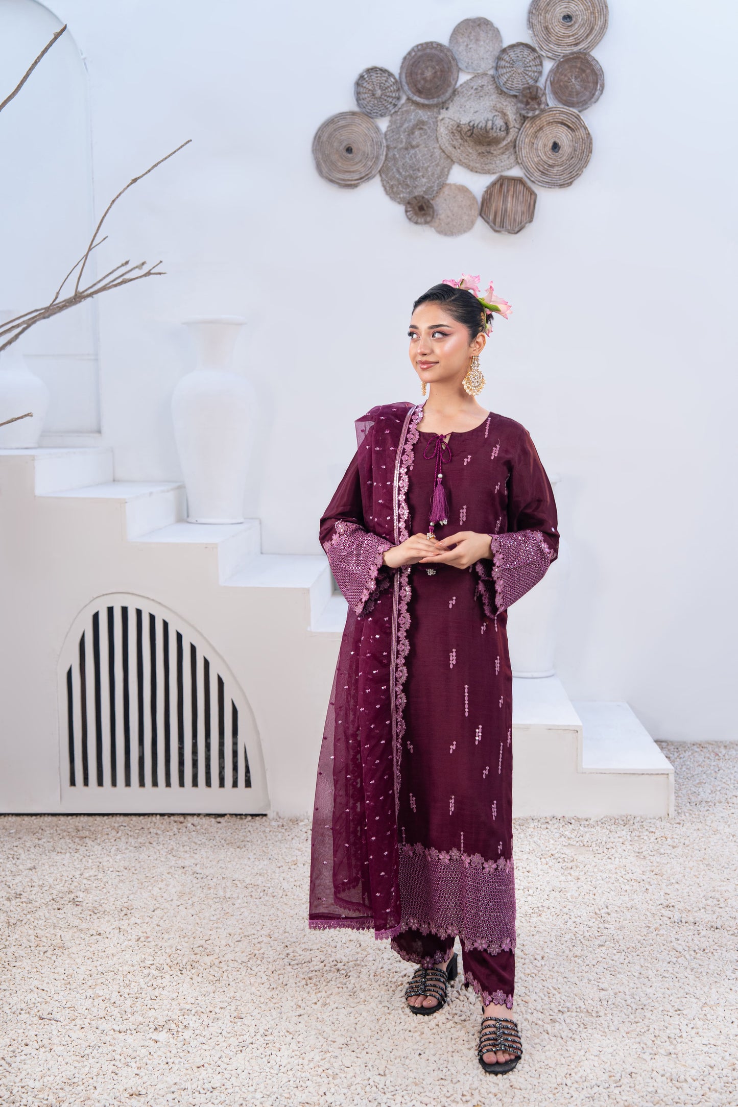 Amethyst Embellished Raw Silk 3PC Suit with Organza Dupatta