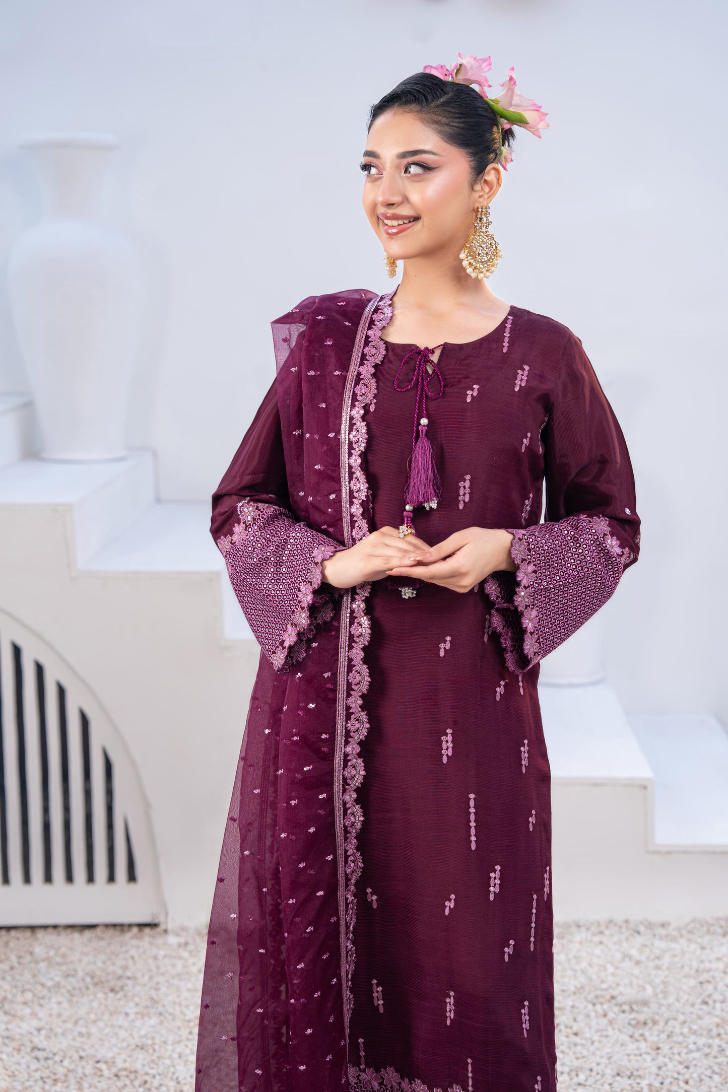 Amethyst Embellished Raw Silk 3PC Suit with Organza Dupatta