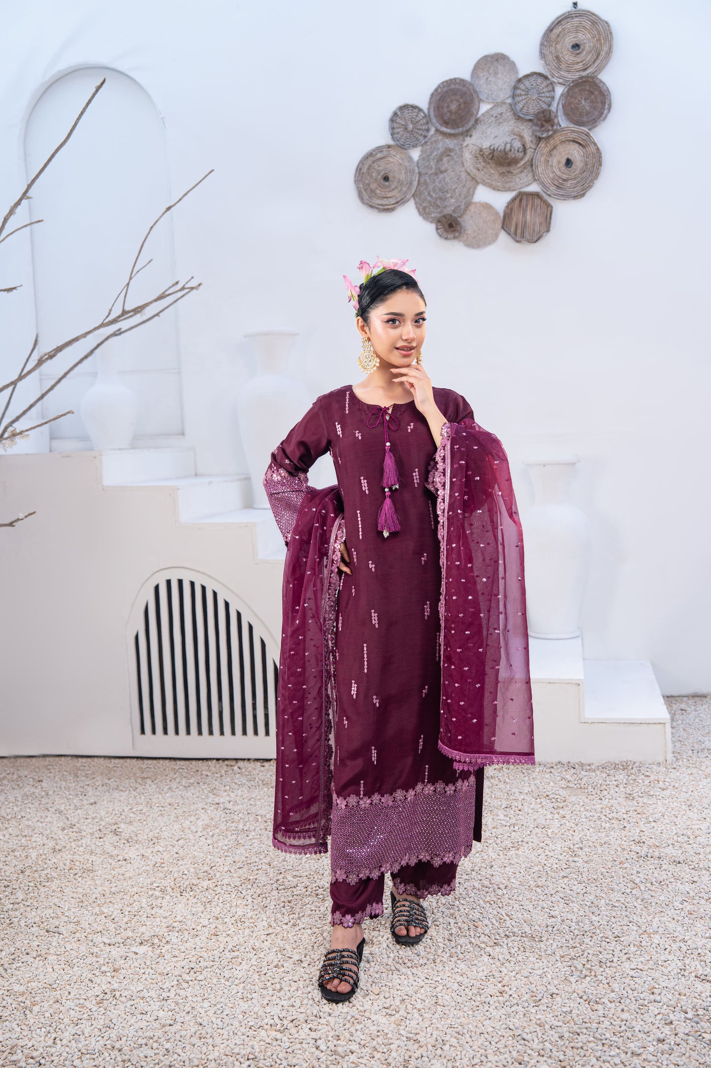 Amethyst Embellished Raw Silk 3PC Suit with Organza Dupatta