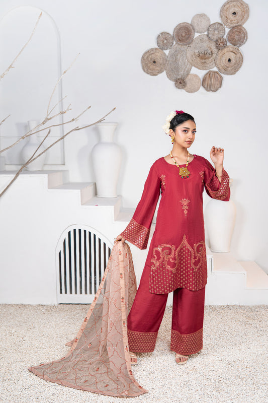 Ruby Embellished Raw Silk 3PC Suit with Organza Dupatta