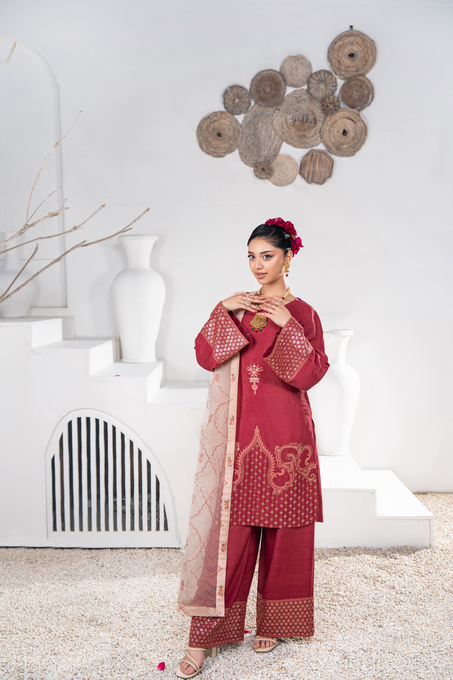 Ruby Embellished Raw Silk 3PC Suit with Organza Dupatta