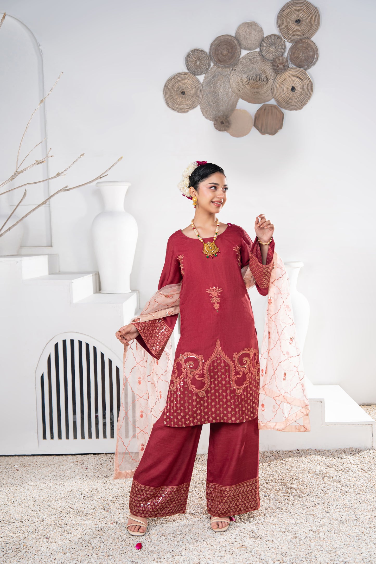 Ruby Embellished Raw Silk 3PC Suit with Organza Dupatta