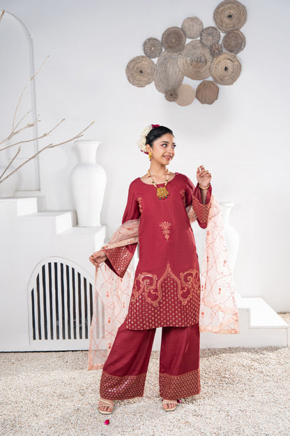 Ruby Embellished Raw Silk 3PC Suit with Organza Dupatta