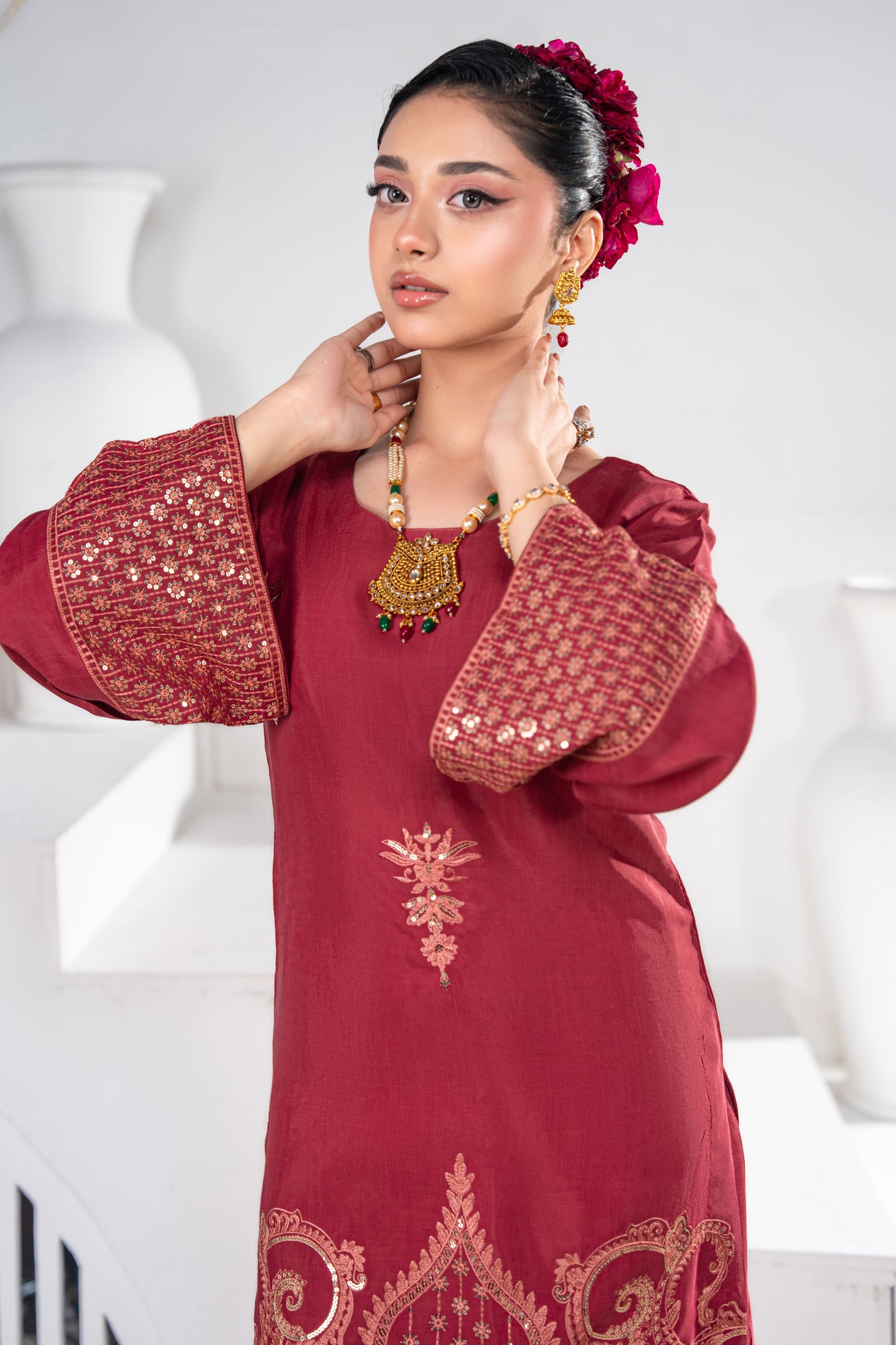 Ruby Embellished Raw Silk 3PC Suit with Organza Dupatta
