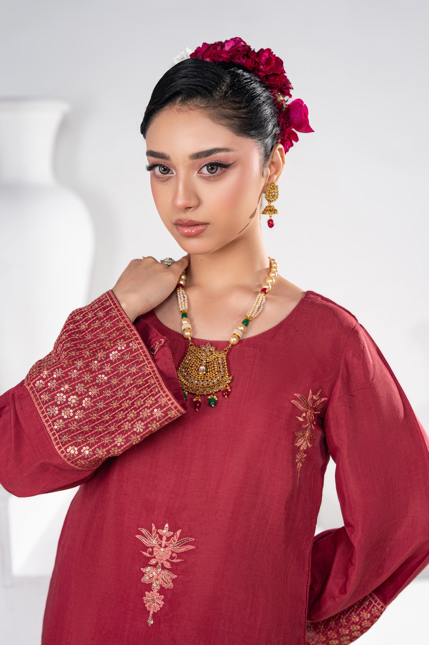 Ruby Embellished Raw Silk 3PC Suit with Organza Dupatta