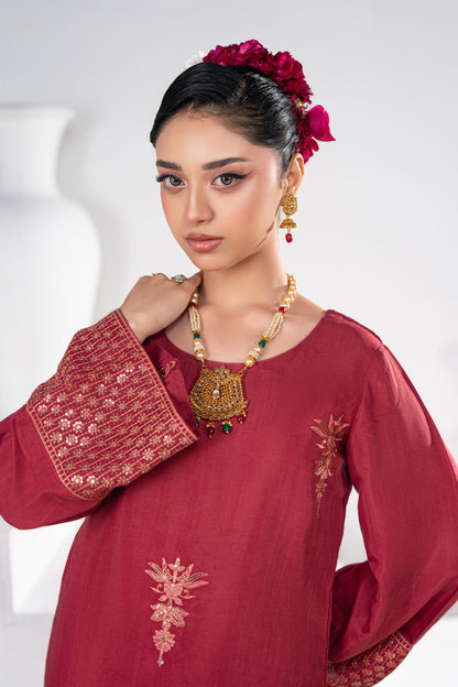Ruby Embellished Raw Silk 3PC Suit with Organza Dupatta