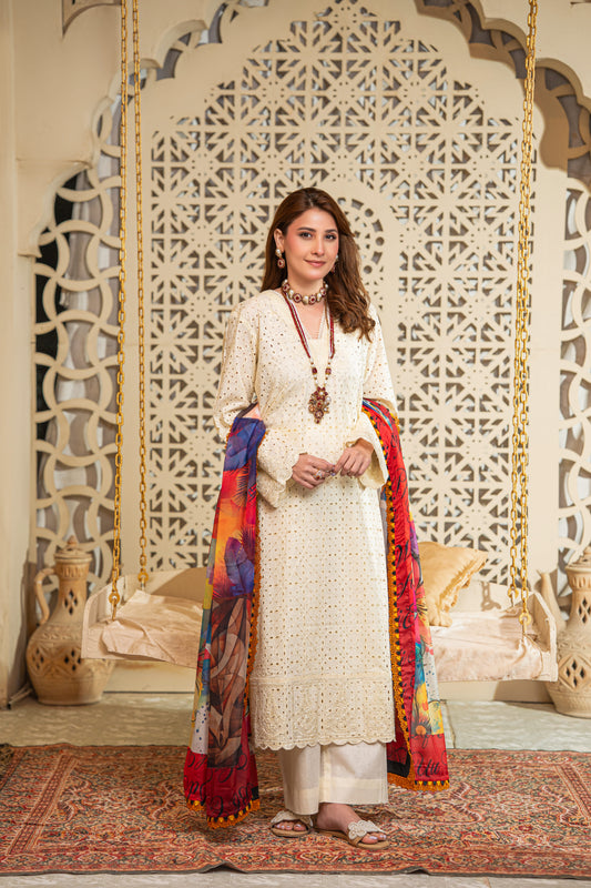 Sol Schiffli Embroidered Lawn with Silk Printed Dupatta 3PC Stitched Suit
