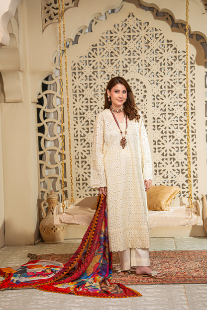 Sol Schiffli Embroidered Lawn with Silk Printed Dupatta 3PC Stitched Suit