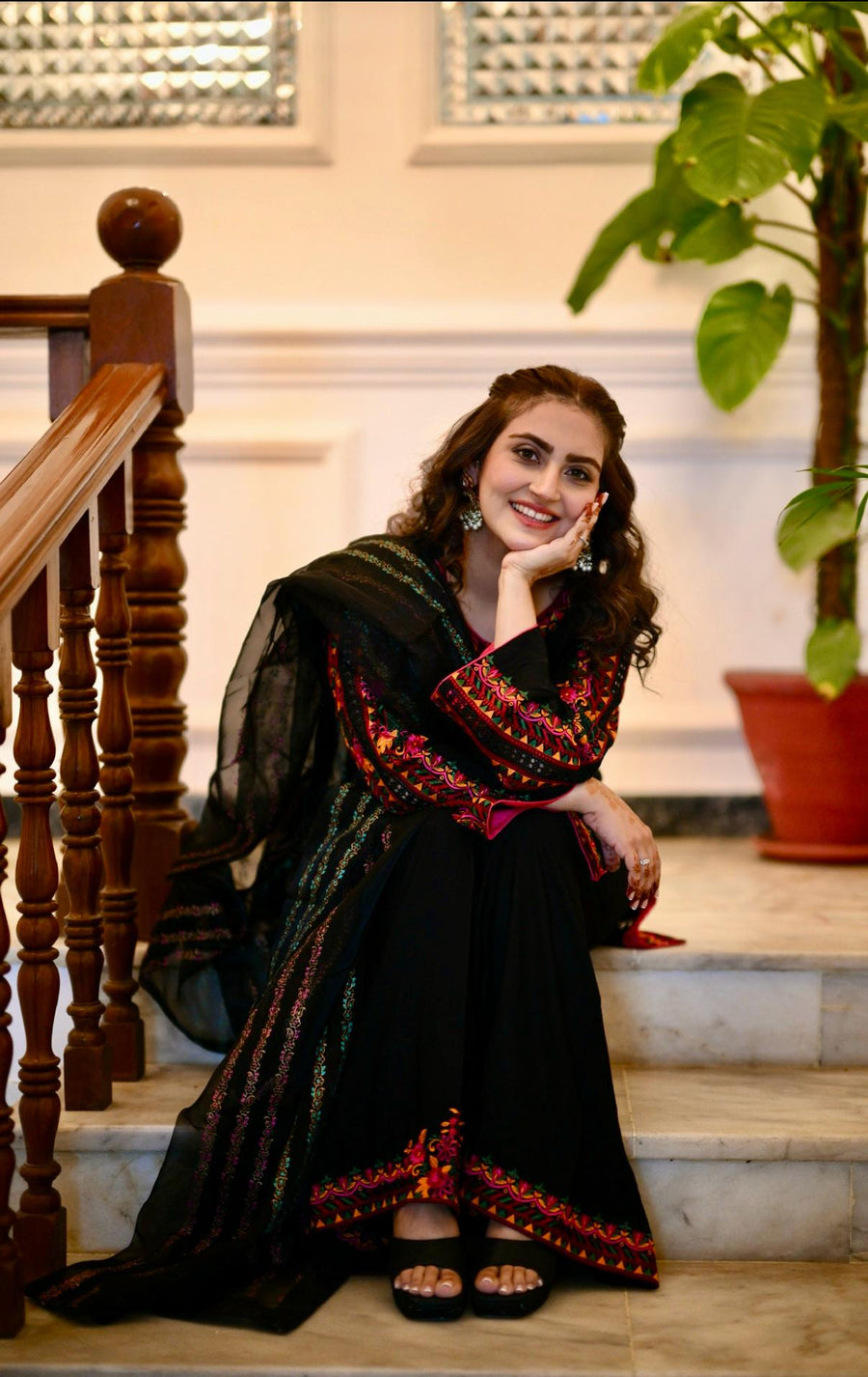 Royal Black Embroidered Karandi 3PC Suit with Block-Printed Dupatta