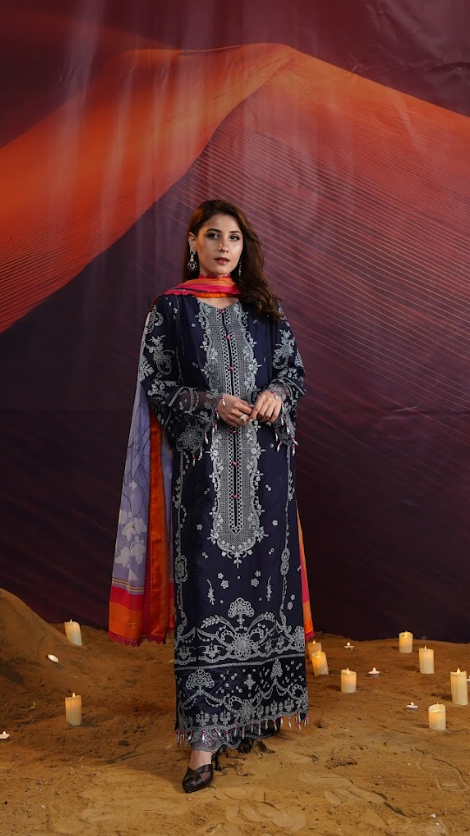 Oasis Embroidered Lawn with Silk Line Art Dupatta 3PC Stitched Suit