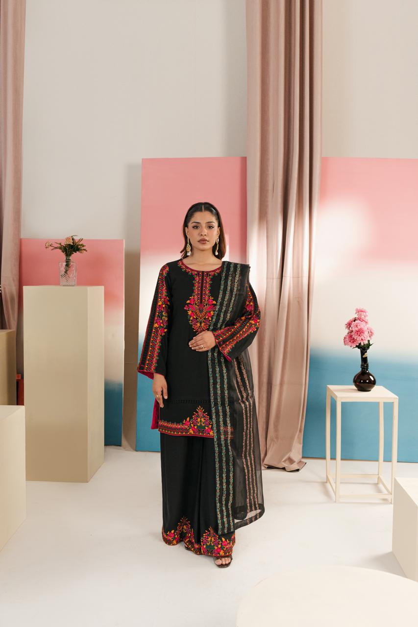 Royal Black Embroidered Karandi 3PC Suit with Block-Printed Dupatta