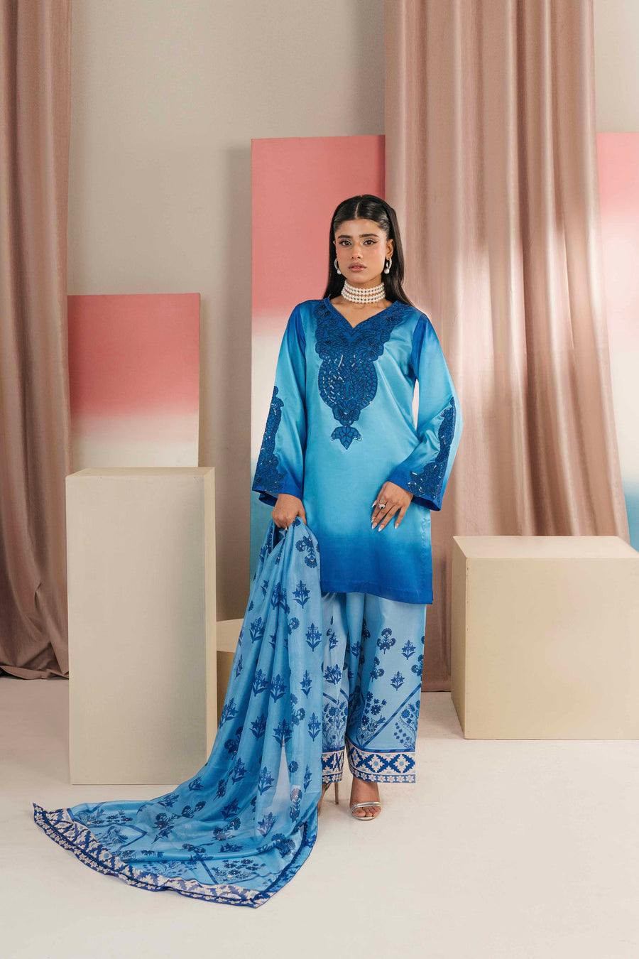 Sky Breeze Embroidered Silk 3PC Suit with Printed Farshi Shalwar & Dupatta