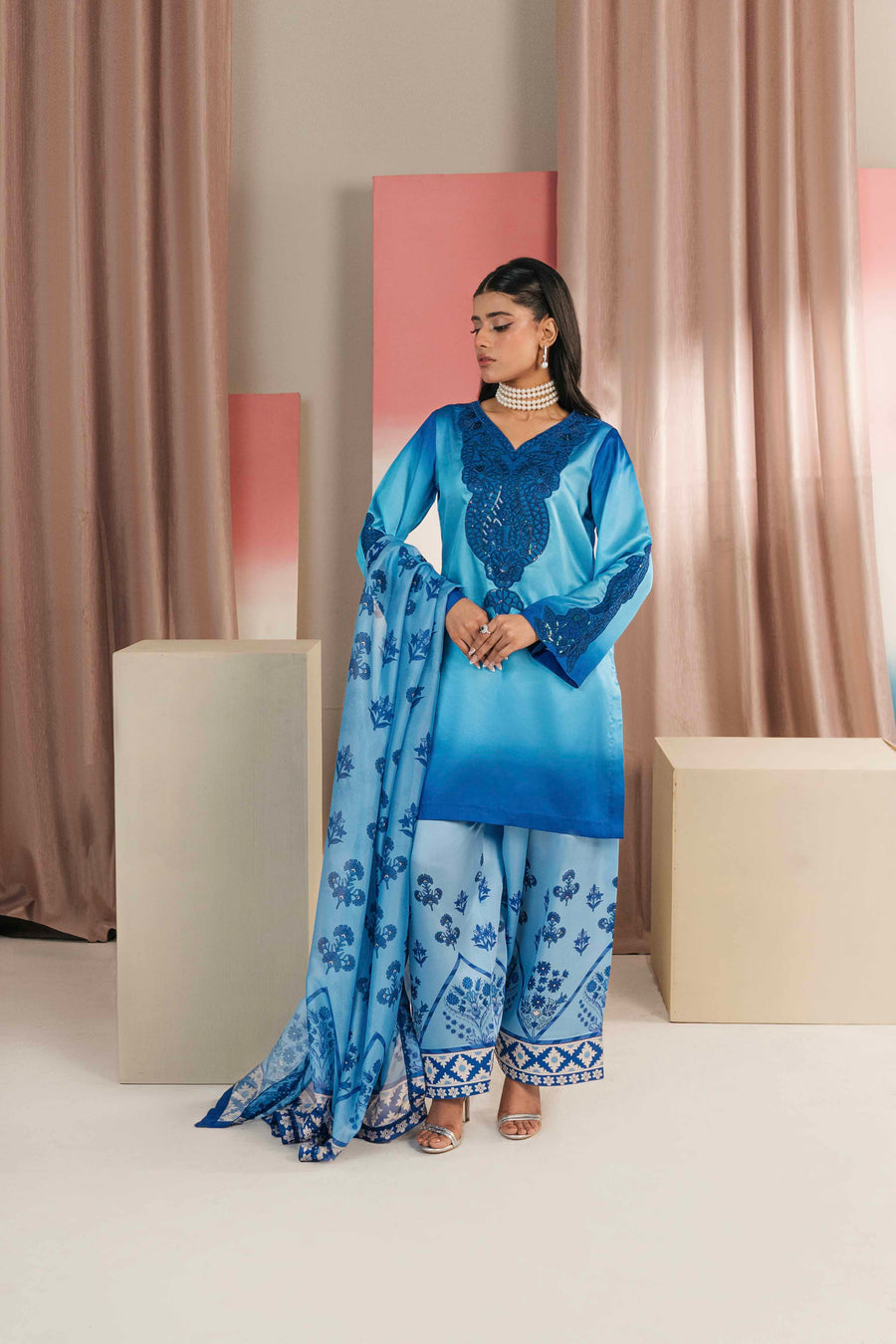 Sky Breeze Embroidered Silk 3PC Suit with Printed Farshi Shalwar & Dupatta