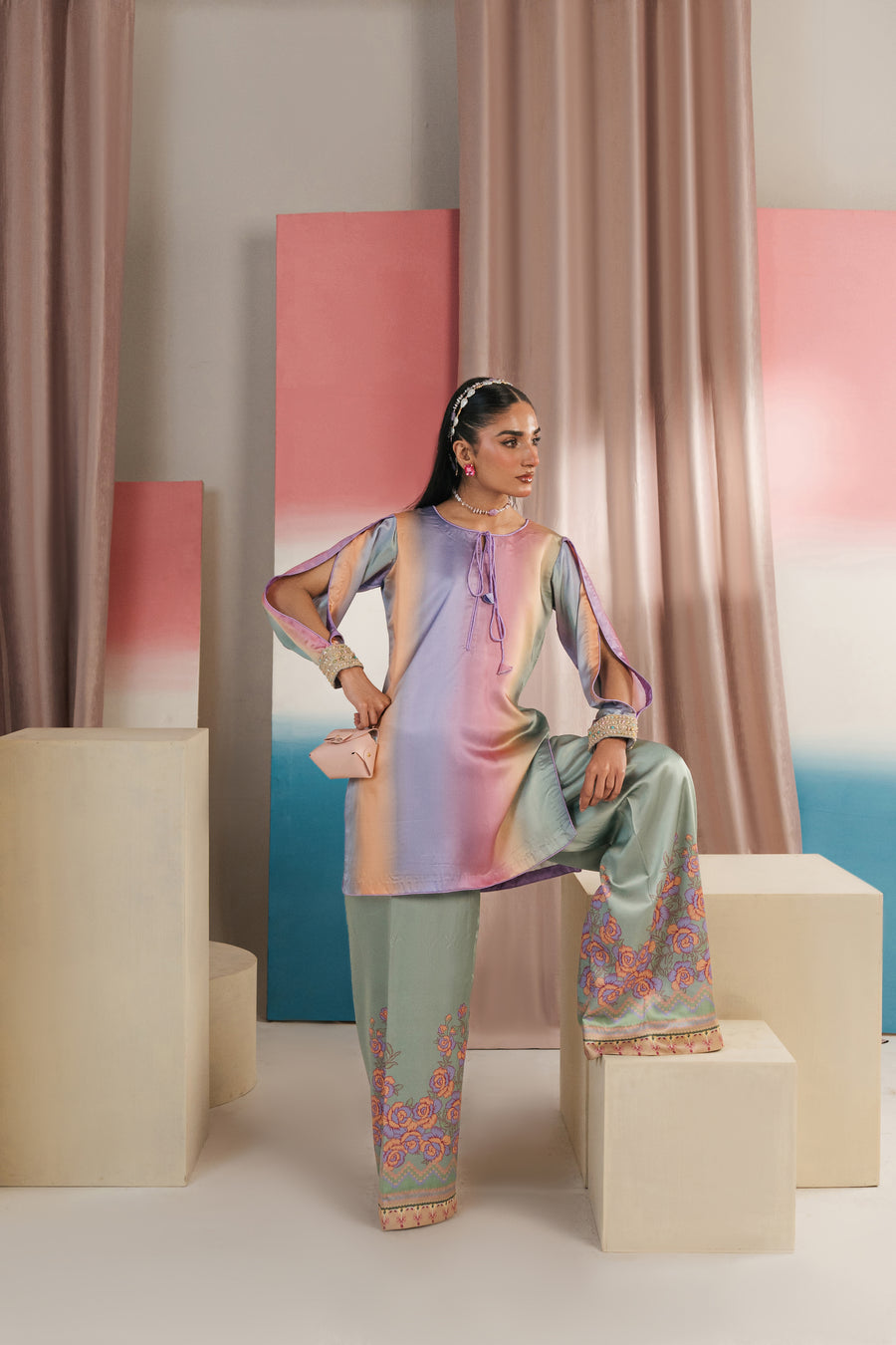 Pastel Whisper Gradient Silk 2PC Suit with Printed Trousers