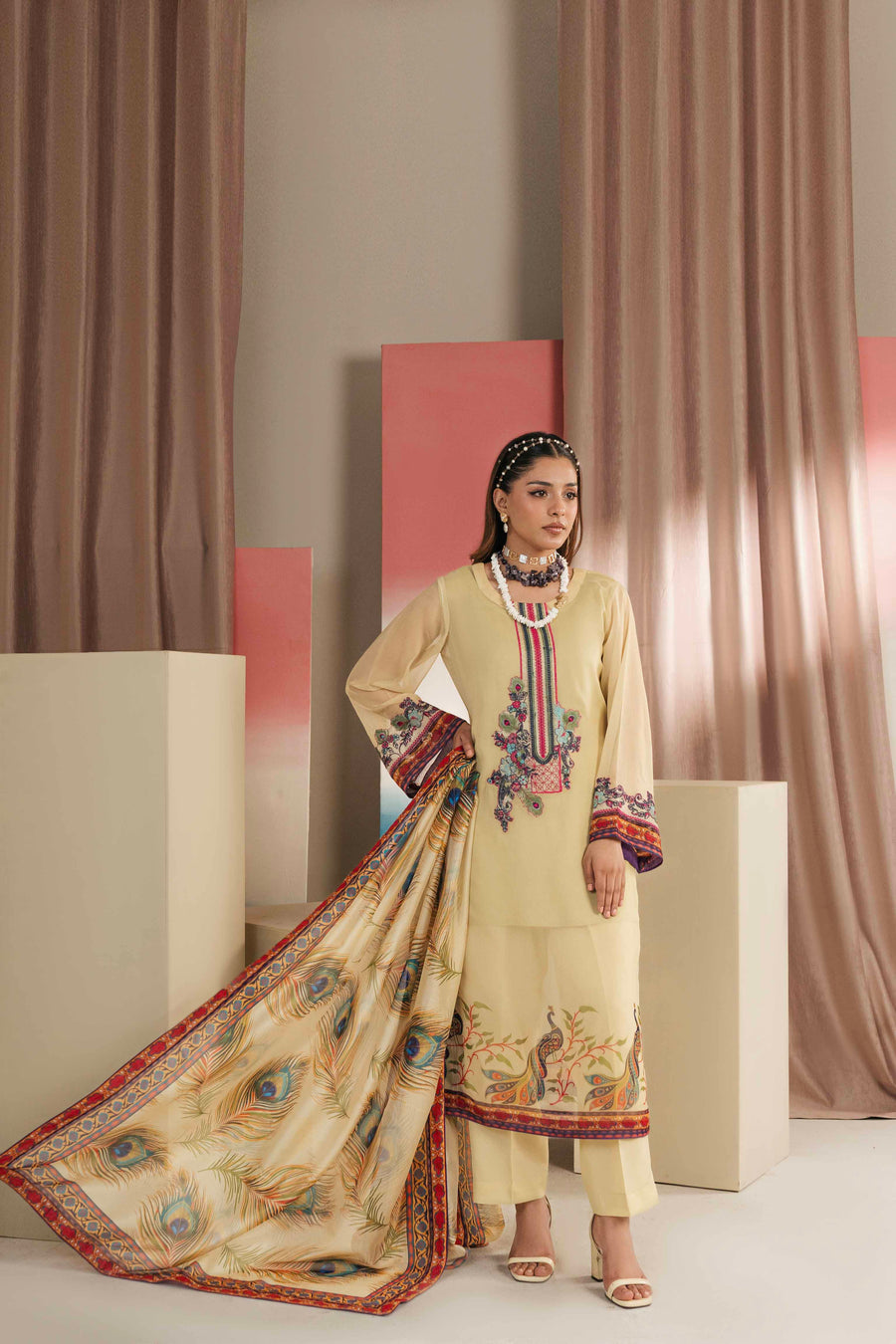 Mystic Peacock Embroidered Chiffon 3PC Suit